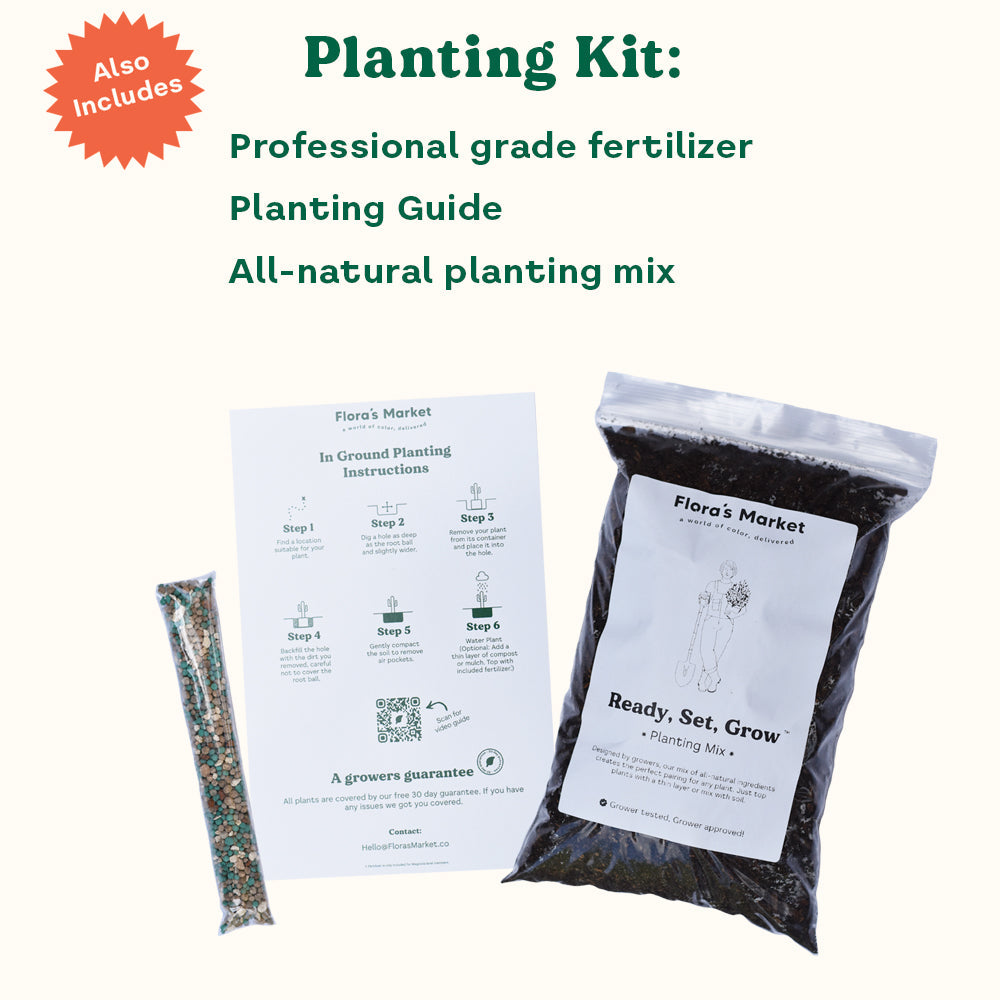 Includes planting kit with professional grade fertilizer planting guide and all natural planting mix